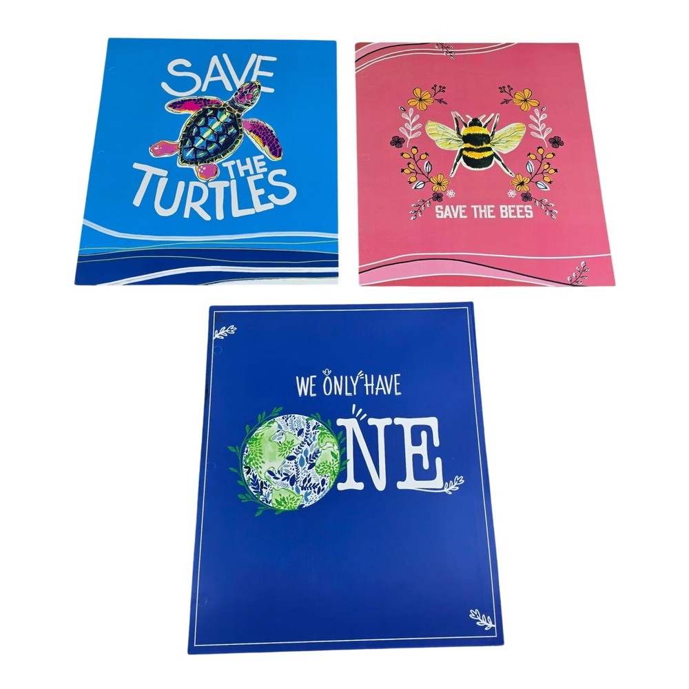 Top Flight 2-Pocket School Folders Multicolor Save the Turtles Bees Earth Set‎ 3
